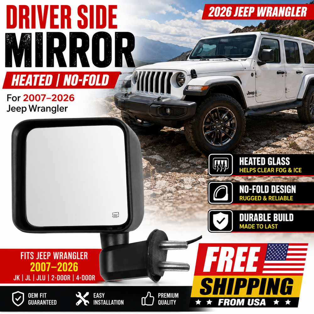 Driver Side Mirror for 2007-2026 Jeep Wrangler, Heated, No-Fold
